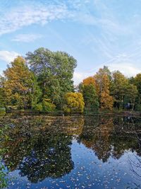 Trees by lake against sky during autumn