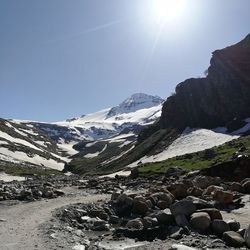 Scenic view of snowcapped mountains against clear sky