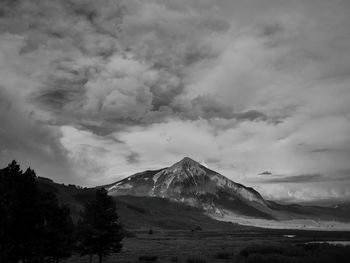 Scenic view of mountains against cloudy sky