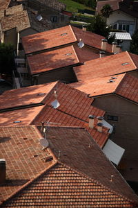 High angle view of houses in city