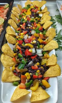 High angle view of chopped vegetables in plate