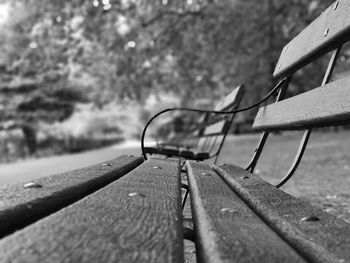 Close-up of bench in park