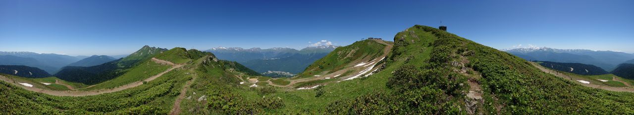 Panoramic view of landscape against clear blue sky