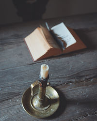 High angle view of old book on table