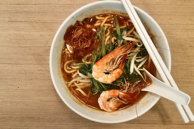 High angle view of soup in bowl on table