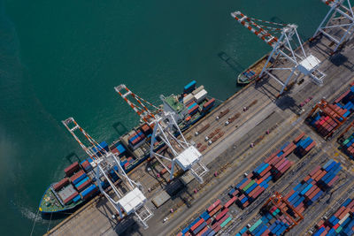 Container ship terminal, unloading and quay crane of container ship at industrial port 