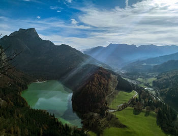 Panoramic view of lake and mountains against sky