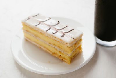 High angle view of cake in plate on table