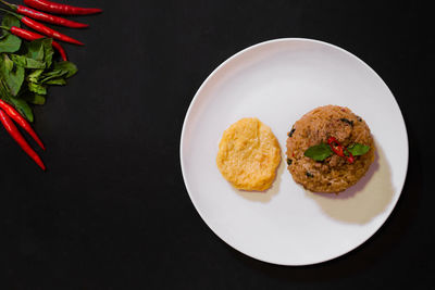 High angle view of food served in plate