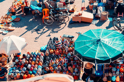 High angle view of market stalls in city