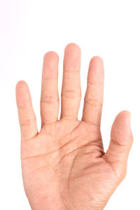 Close-up of human hand against white background