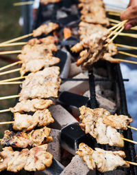 Close-up of meat on barbecue grill