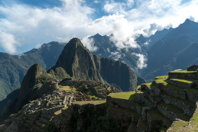 High angle view of machu picchu against cloudy sky