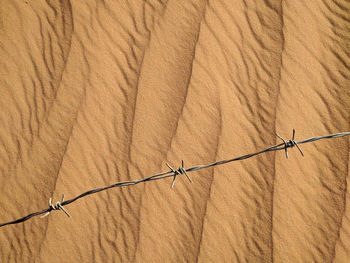 Barbed wire over rippled sand dune