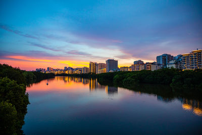 Scenic view of river by buildings against sky during sunset