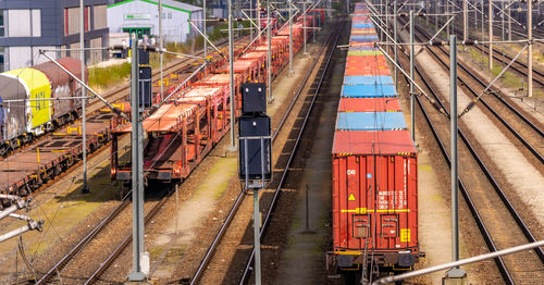 High angle view of train at railroad station