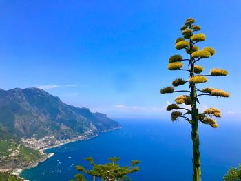 Scenic view of sea and mountains against blue sky