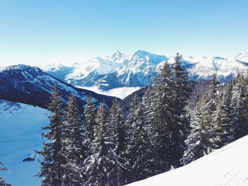 Scenic view of snowcapped mountains against clear sky
