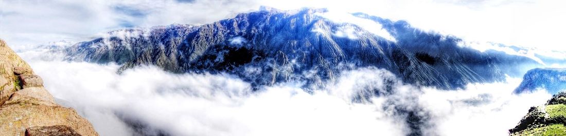 Low angle view of snow capped mountains against sky
