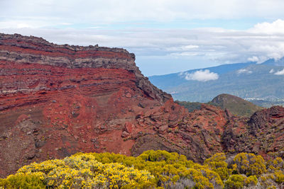 The trou fanfaron on the edge of the cratère commerson, a volcanic crater in reunion island.