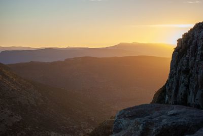 Scenic view of mountains against sky during sunset