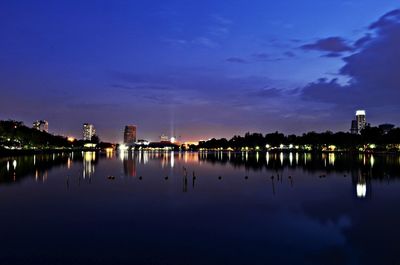 Reflection of illuminated buildings in water at dusk