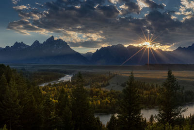 Aerial view of landscape at dawn