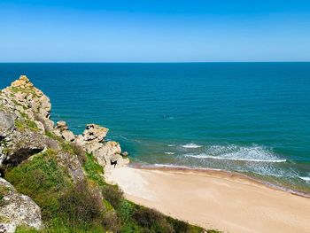 Scenic view of sea against clear blue sky