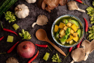 High angle view of fruits in bowl on table