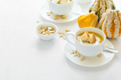 High angle view of breakfast on table