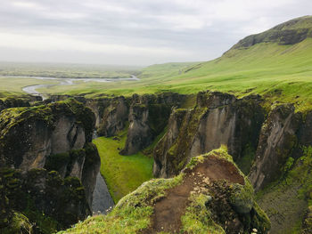 Scenic view of landscape and sea against sky