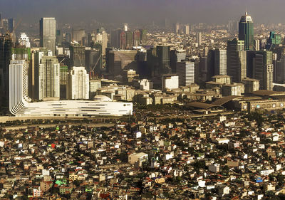 High angle view of modern buildings in city