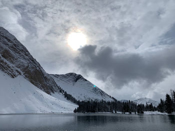 Scenic view of lake by snowcapped mountains against sky