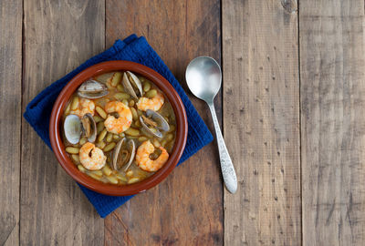 High angle view of soup in bowl on table