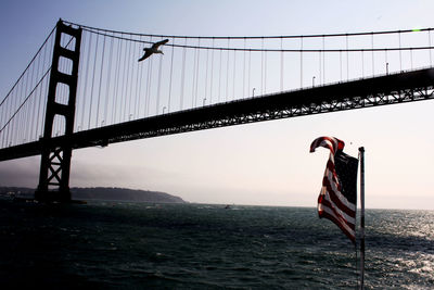 Suspension bridge over sea against clear sky