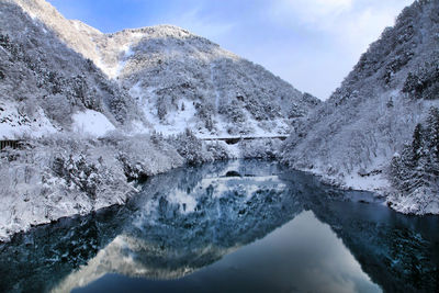 Scenic view of frozen lake by mountains against sky