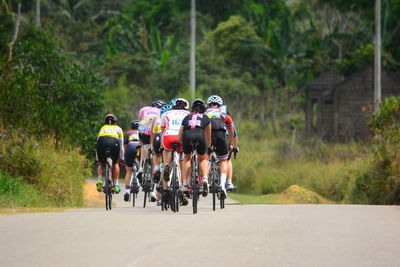 People riding bicycles on road against trees