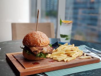 Close-up of burger on table