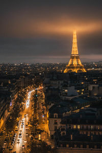 High angle view of illuminated buildings in city