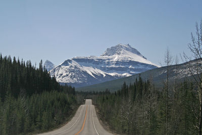 Panoramic view of snowcapped mountains against clear sky