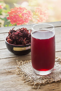 Close-up of red drink on table