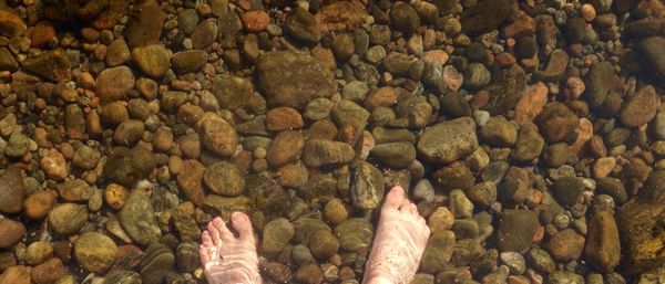 Low section of woman standing on pebbles