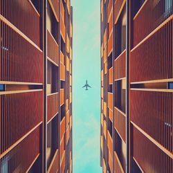 Directly below shot of airplane flying over buildings