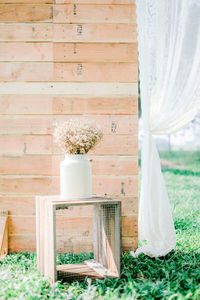 White flowers in vase on field