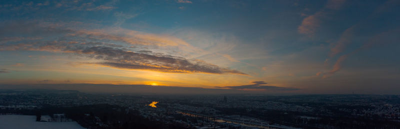 High angle view of townscape against sky during sunset