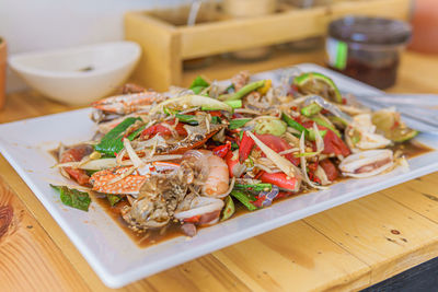 High angle view of food in plate on table