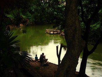Scenic view of river with trees in background