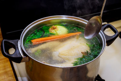 High angle view of soup in bowl on table