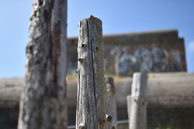 Close-up of wooden post against clear sky