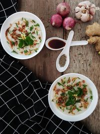 High angle view of soup in bowl on table